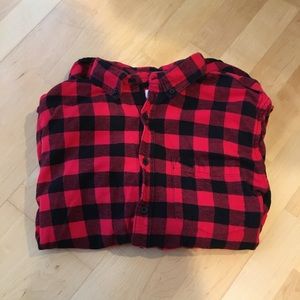 Denim and flower red flannel button up